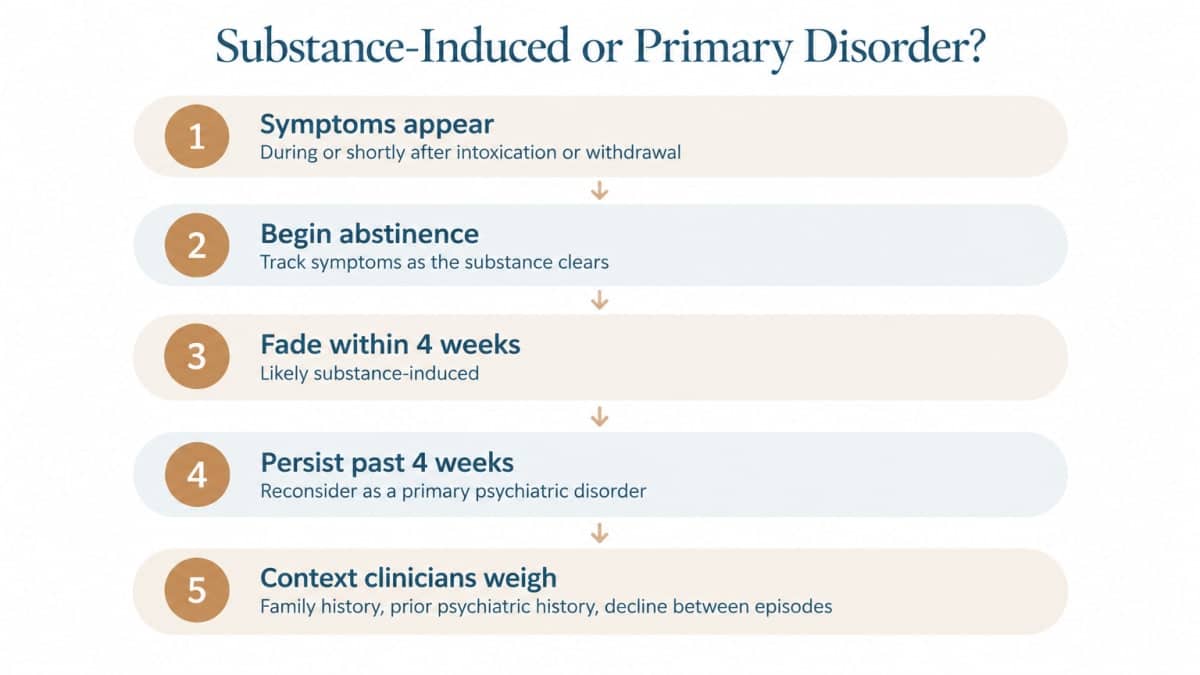 Flowchart distinguishing substance-induced from primary disorder dual diagnosis symptoms over four weeks