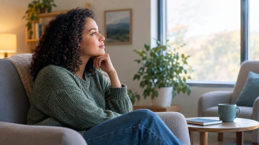 Woman in green sweater sitting on couch gazing thoughtfully out a sunlit window.