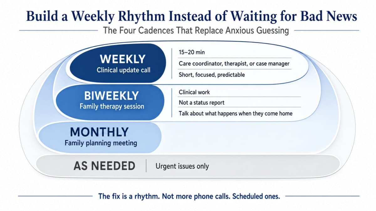 Visualize the four overlapping family involvement cadences described in this section as a layered operating model, giving readers a scannable reference for the rhythm they need to establish