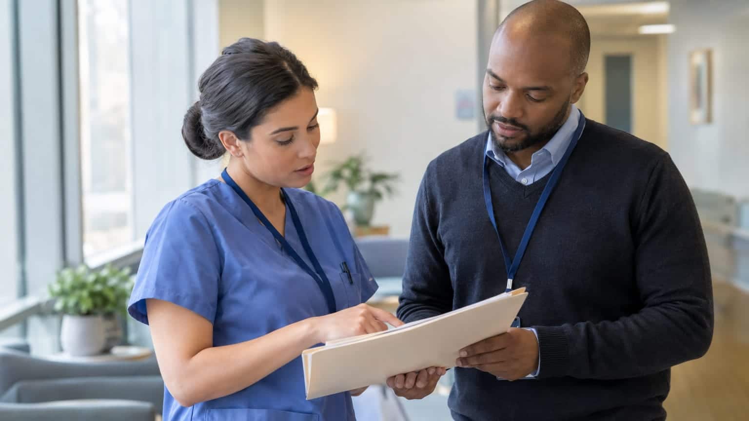 Nurse in blue scrubs and clinician review a patient chart together in a hospital corridor.