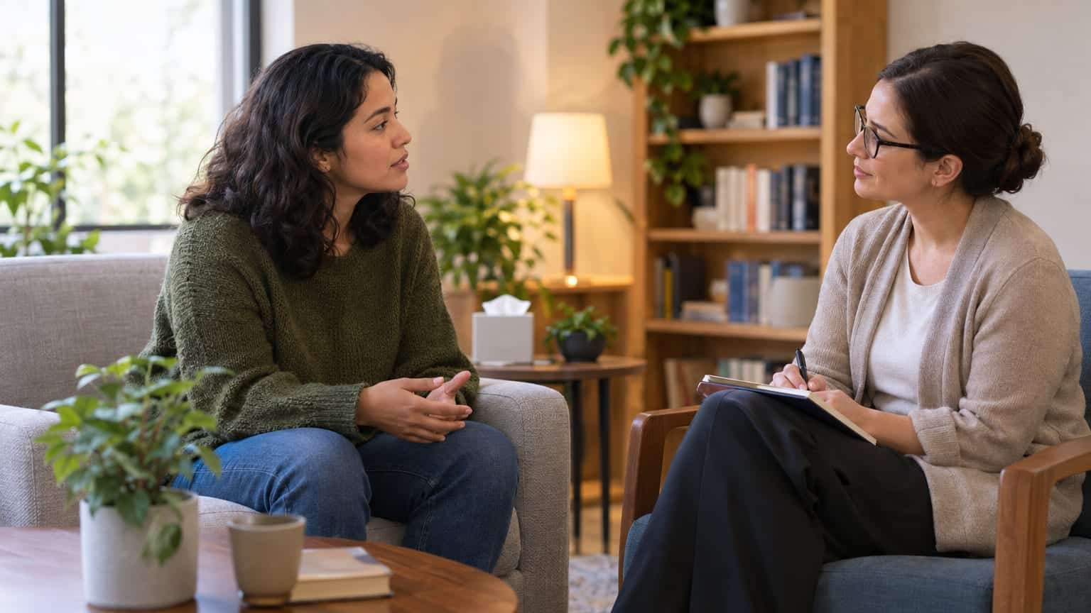 Woman in green sweater talking with a therapist taking notes in a cozy office.