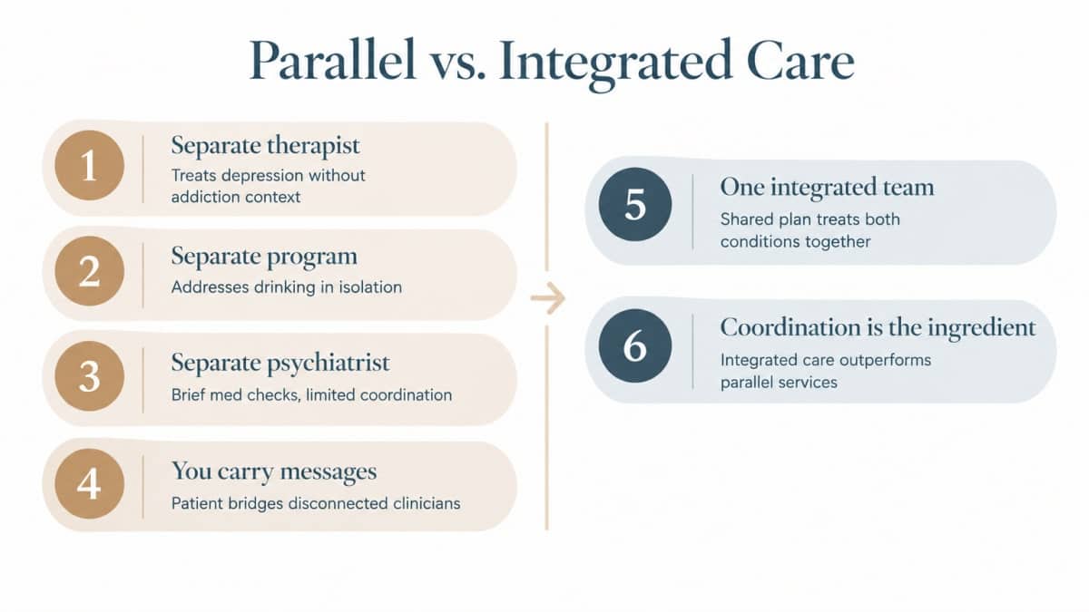 Infographic comparing parallel vs integrated care for individual therapy in Prescott