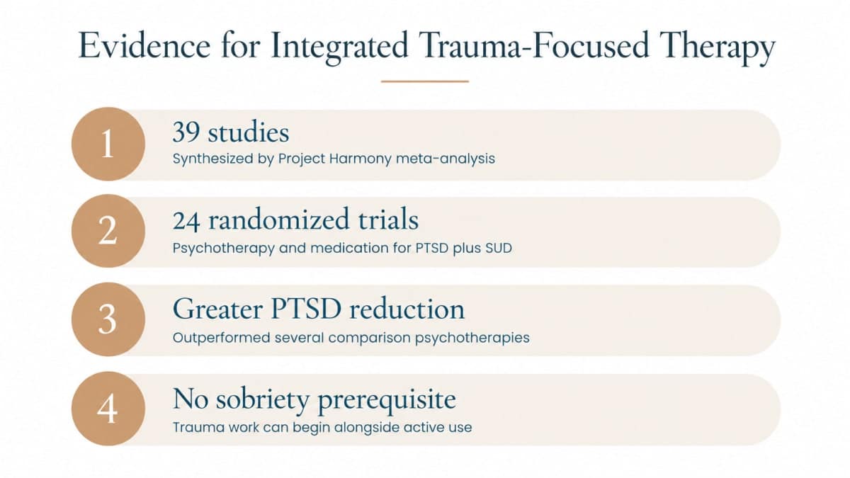 Infographic listing evidence points supporting integrated trauma-focused individual therapy for PTSD and SUD