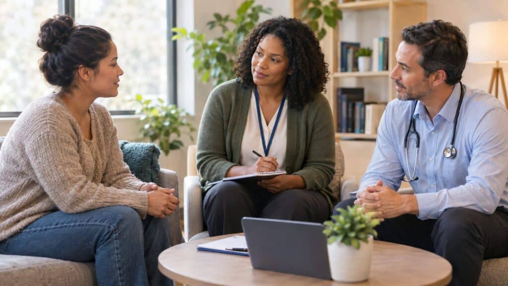 Patient meeting with a counselor and physician together in a warm, bright office setting.