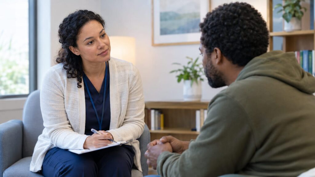 Female clinician in scrubs taking notes while listening to a male patient in a counseling session.