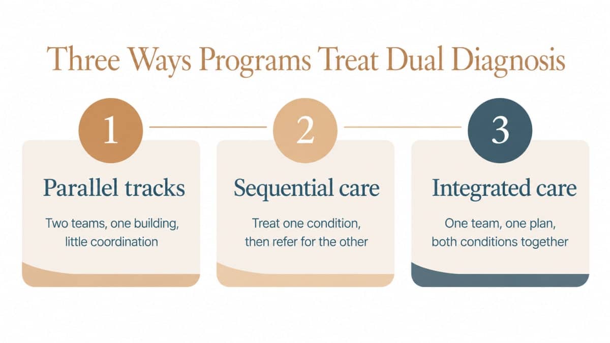 Infographic comparing parallel, sequential, and integrated care approaches for dual diagnosis treatment.