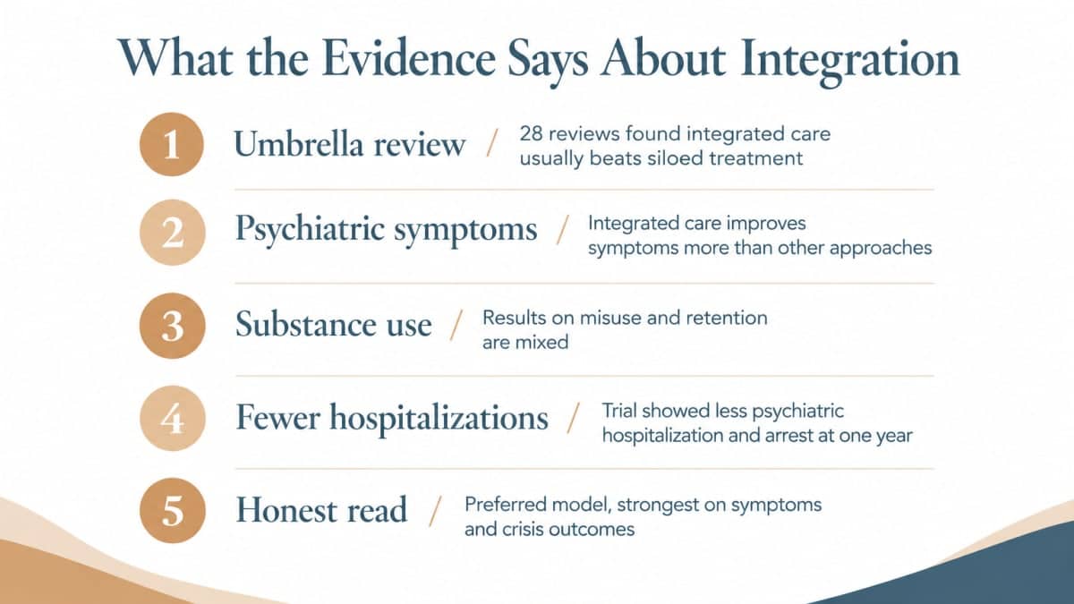 Numbered infographic summarizing evidence on integrated care plans for mental health and substance use