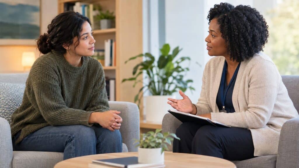 Counselor with clipboard speaking with a woman seated on a sofa in a calm office.