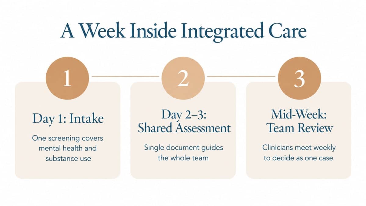 Three-step infographic showing a week inside an integrated care team: intake, shared assessment, team review.