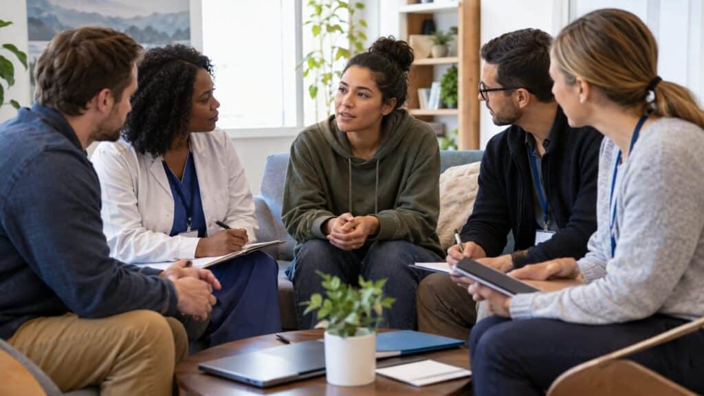 Diverse care team of clinicians sitting with a young woman during a supportive meeting.