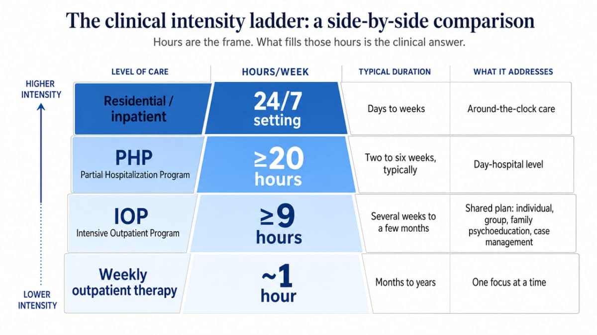 Visualize the four-tier care intensity ladder with hours-per-week thresholds cited in the section, giving readers a scannable reference for the comparison table