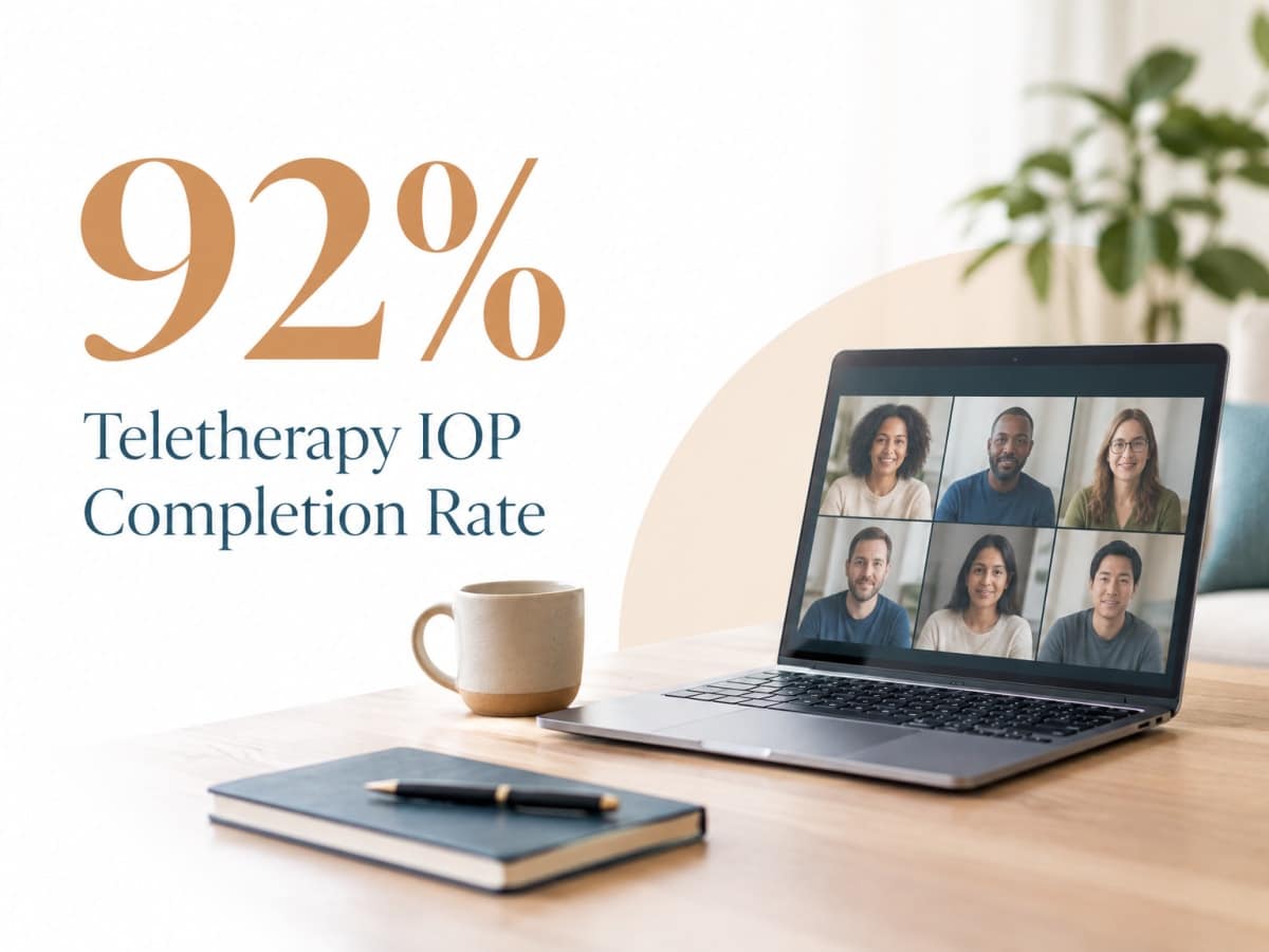 92% teletherapy intensive outpatient therapy completion rate shown beside laptop group session