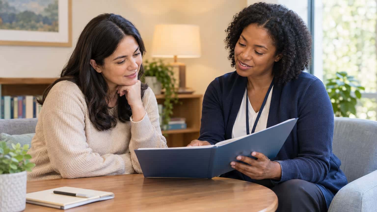 Counselor reviewing a blue folder with a woman during a supportive consultation.