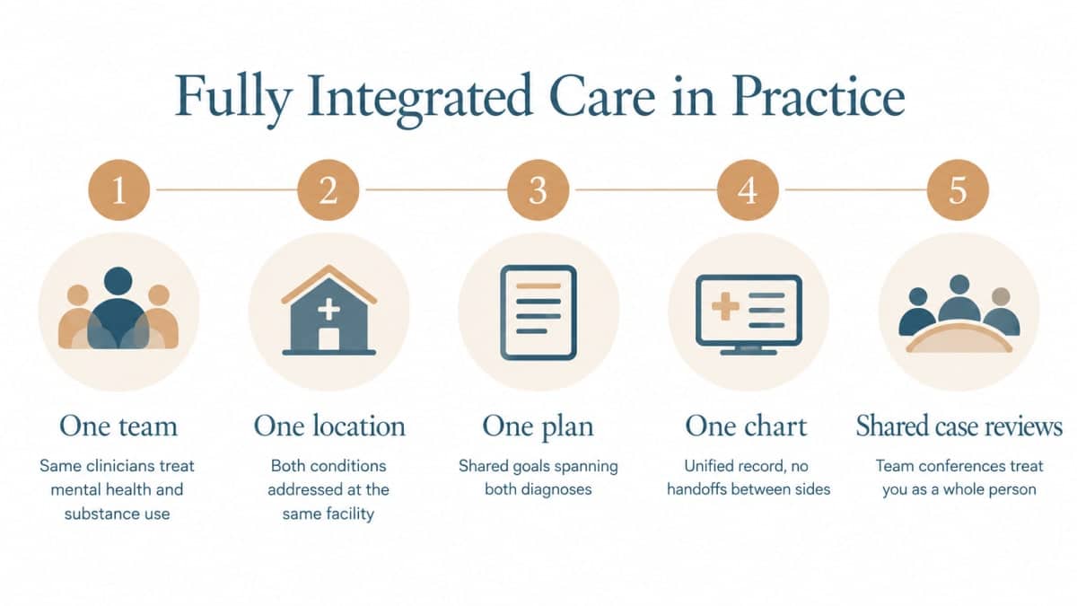 Infographic showing five elements of fully integrated care: one team, location, plan, chart, reviews.