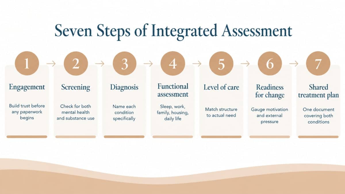 Seven-step integrated assessment flow from engagement to shared treatment plan