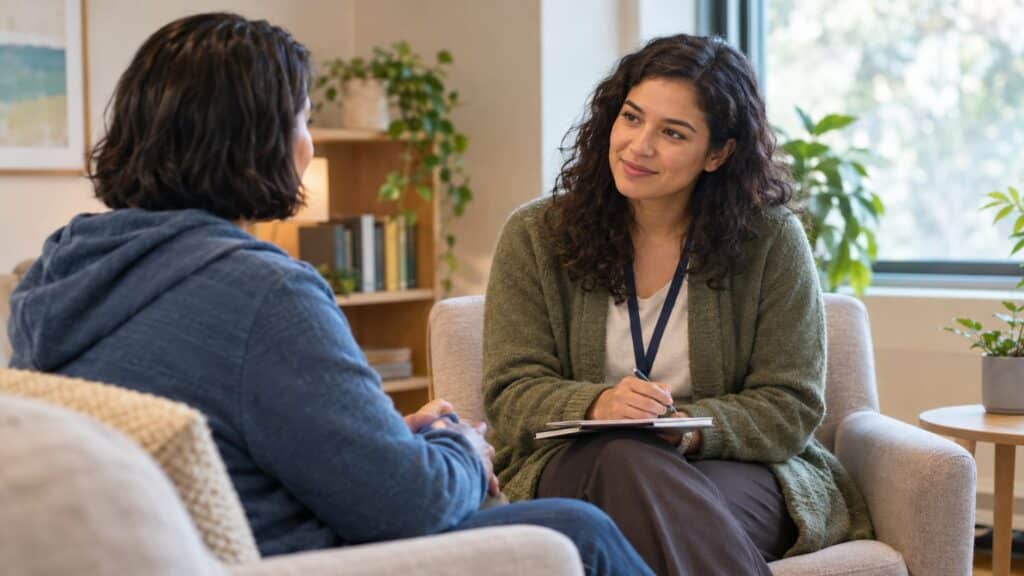 Counselor with notepad listening attentively to a client in a warm therapy office setting