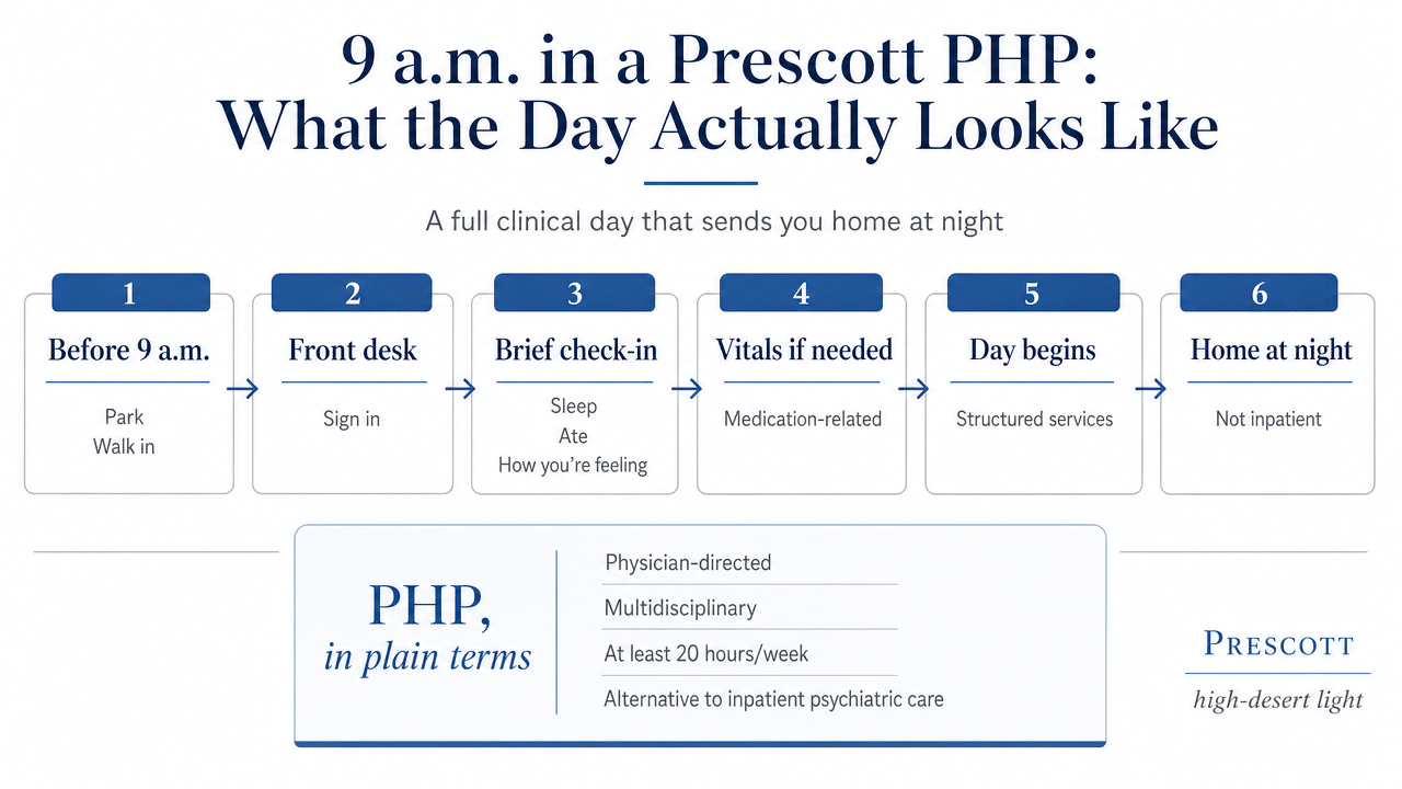 Visualize the representative weekday structure described in the section — the five or six anchors of a PHP day — grounding the opening narrative in a concrete schedule