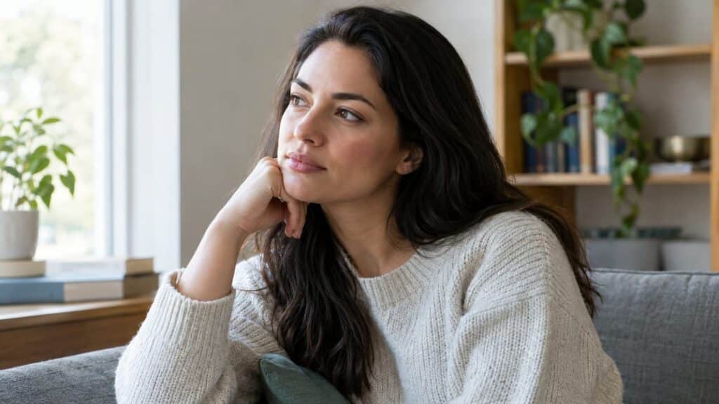 Pensive woman in cream sweater resting chin on hand, gazing out a bright window.