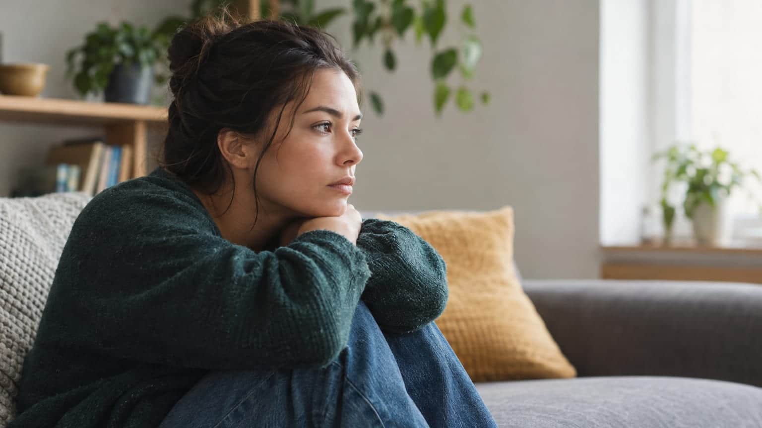 Pensive woman in green sweater sitting on couch, resting chin on hands, gazing out window.