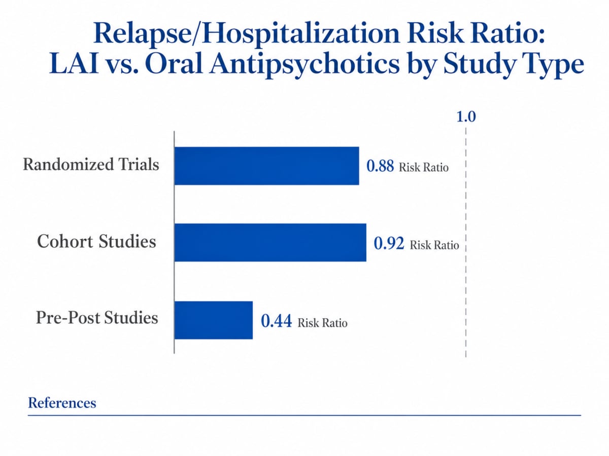 Chart showing Relapse/Hospitalization Risk Ratio: LAI vs. Oral Antipsychotics by Study Type