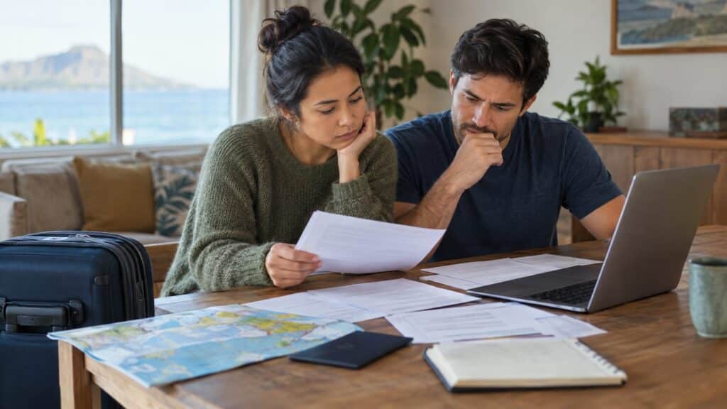 Couple reviewing documents and laptop at table with suitcase, map, and Hawaii coastline view.