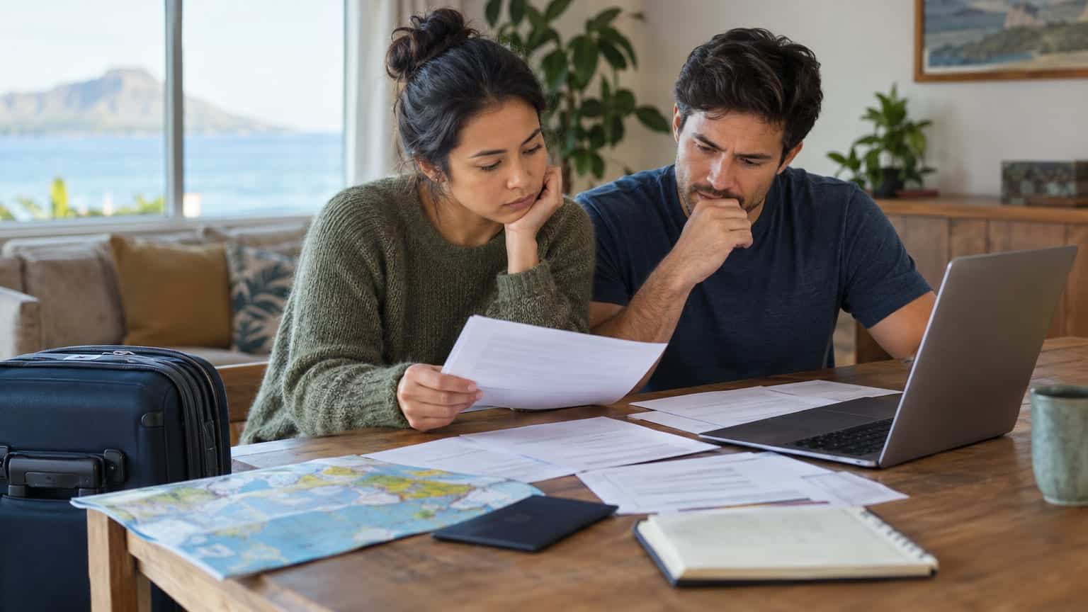 Couple reviewing documents and laptop at table with suitcase, map, and Hawaii coastline view.