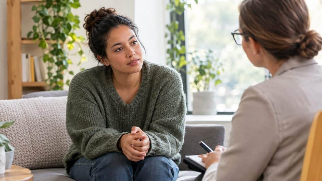 Young woman in green sweater talking with a therapist taking notes in a bright office.
