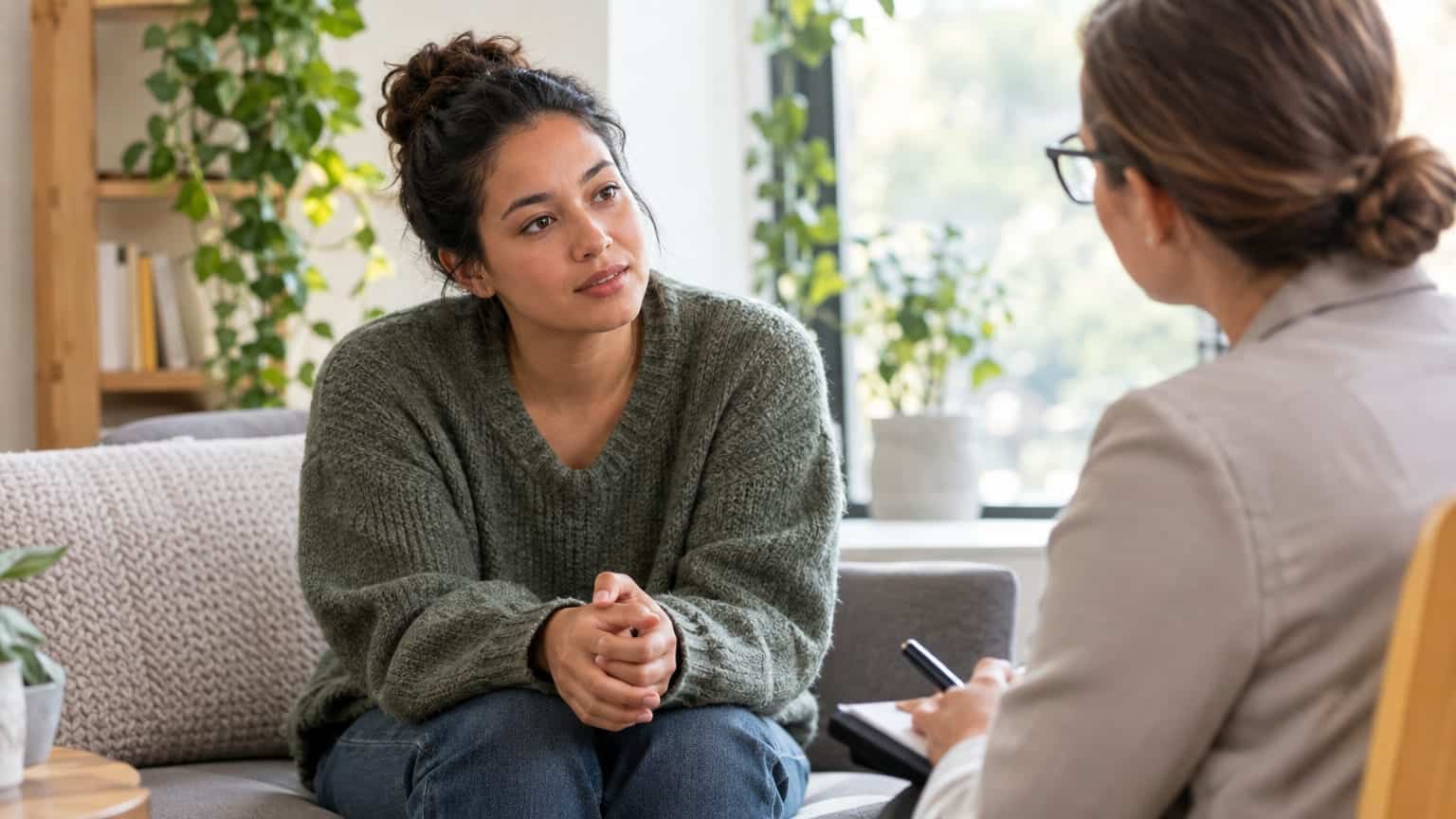 Young woman in green sweater talking with a therapist taking notes in a bright office.