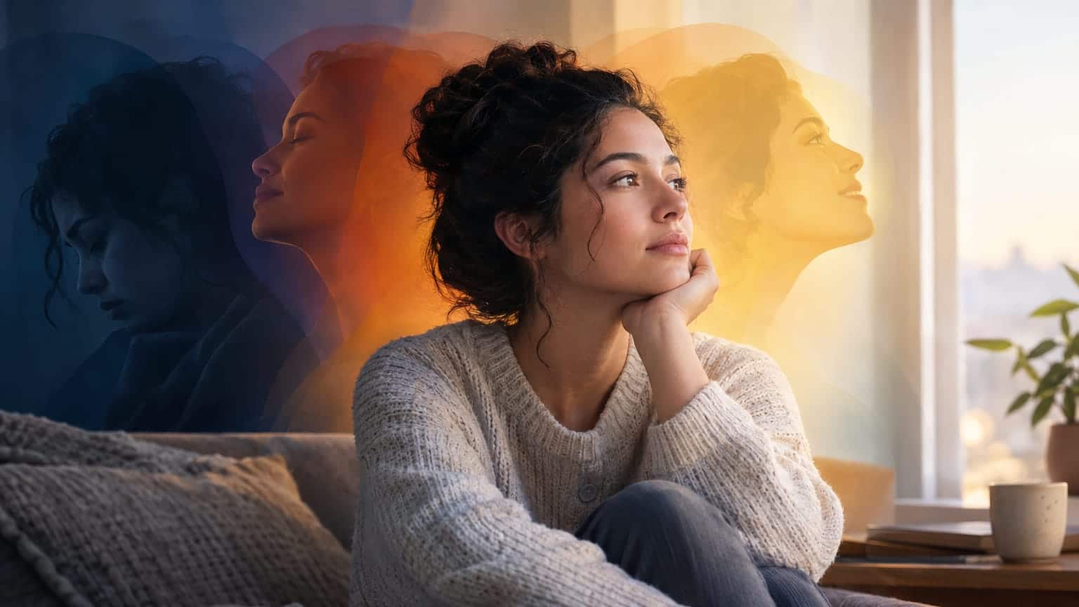 Woman on couch with overlaid silhouettes in blue and orange representing mood shifts.