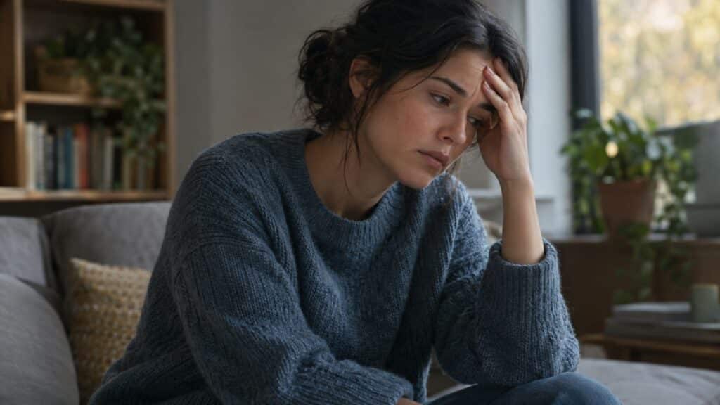 Distressed woman in gray sweater sitting on couch with hand to forehead.