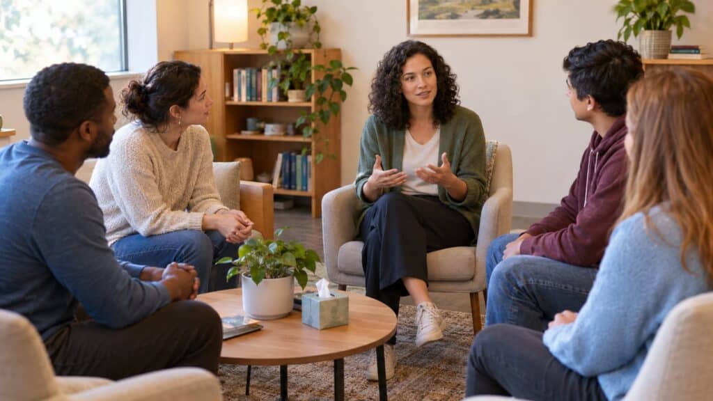 Therapist leading a group therapy session with four diverse adults in a cozy room.